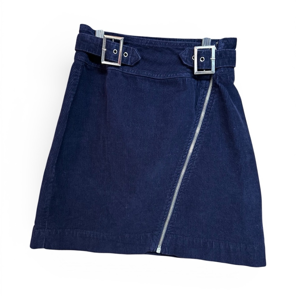 Urban Outfitters Women's Navy Blue Corduroy Mini Skirt with Zipper and Belt